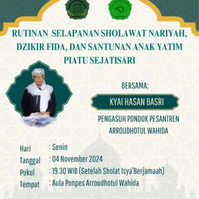 Ponpes Arroudhotul Wahida Gelar Acara Rutinan Selapanan “Maqoman Sholawat Nariyah, Dizikir Fida’ dan Santunan Anak Yatim